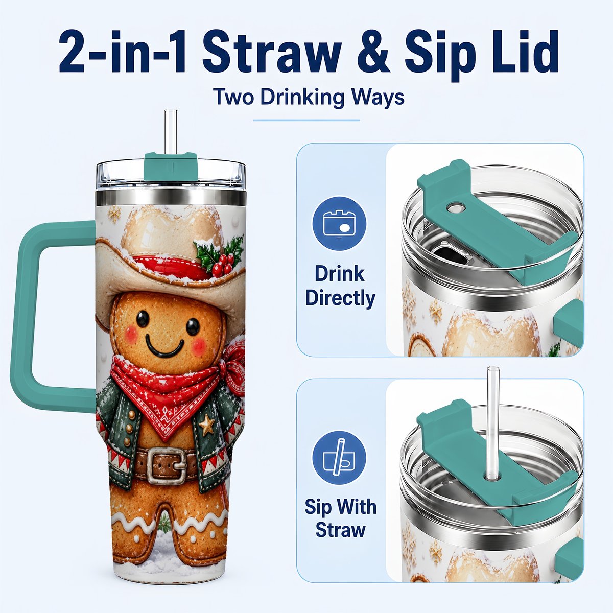 #pl[40oz|Green] Gingerbread Cowboy 40oz Tumbler with Handle, Holiday Travel Cup for Men