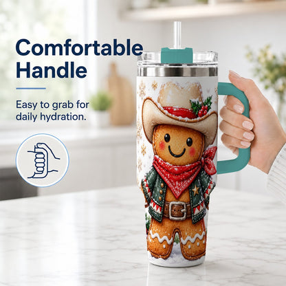 #pl[40oz|Green] Gingerbread Cowboy 40oz Tumbler with Handle, Holiday Travel Cup for Men