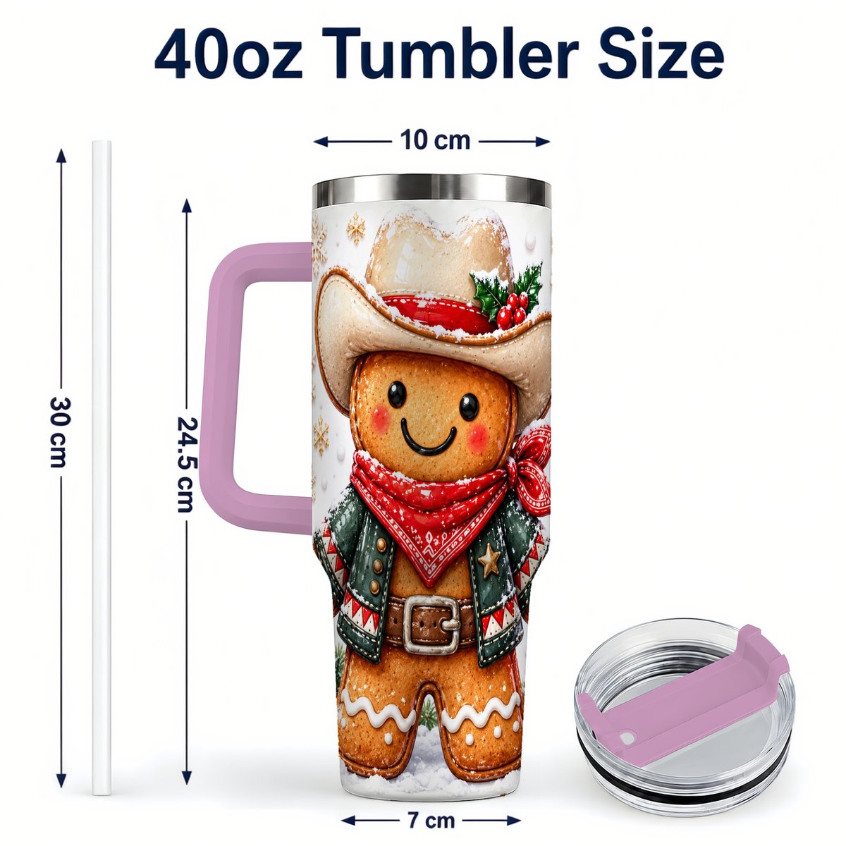 #pl[40oz|Pink] Gingerbread Cowboy 40oz Tumbler with Handle, Holiday Travel Cup for Men