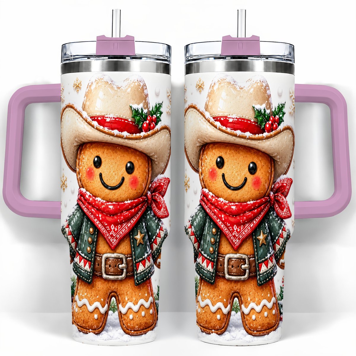 #pl[40oz|Pink] Gingerbread Cowboy 40oz Tumbler with Handle, Holiday Travel Cup for Men