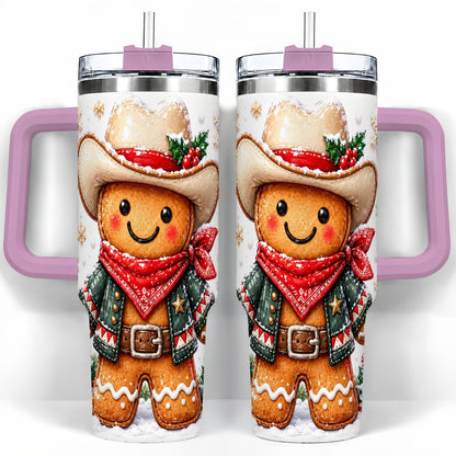 #pl[40oz|Pink] Gingerbread Cowboy 40oz Tumbler with Handle, Holiday Travel Cup for Men