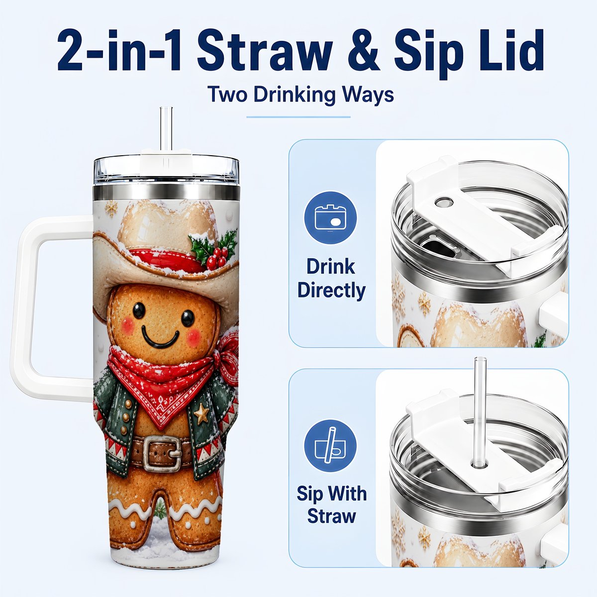 #pl[40oz|White] Gingerbread Cowboy 40oz Tumbler with Handle, Holiday Travel Cup for Men