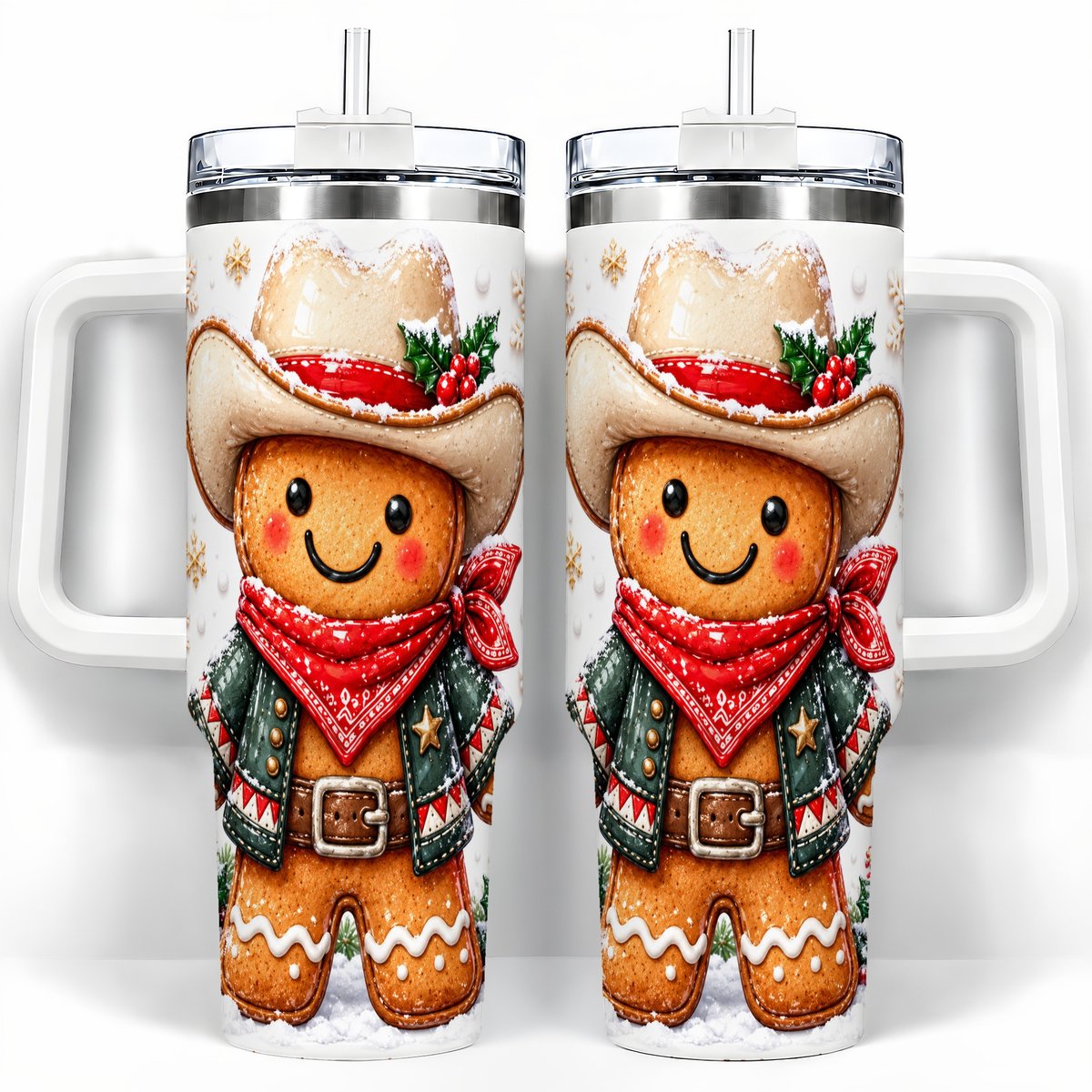 Gingerbread Cowboy 40oz Tumbler with Handle, Holiday Travel Cup for Men