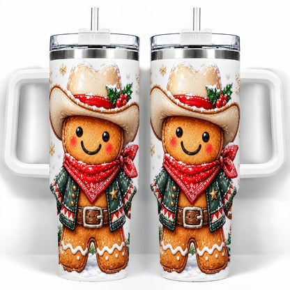 Gingerbread Cowboy 40oz Tumbler with Handle, Holiday Travel Cup for Men