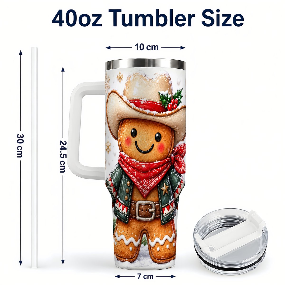 #pl[40oz|White] Gingerbread Cowboy 40oz Tumbler with Handle, Holiday Travel Cup for Men