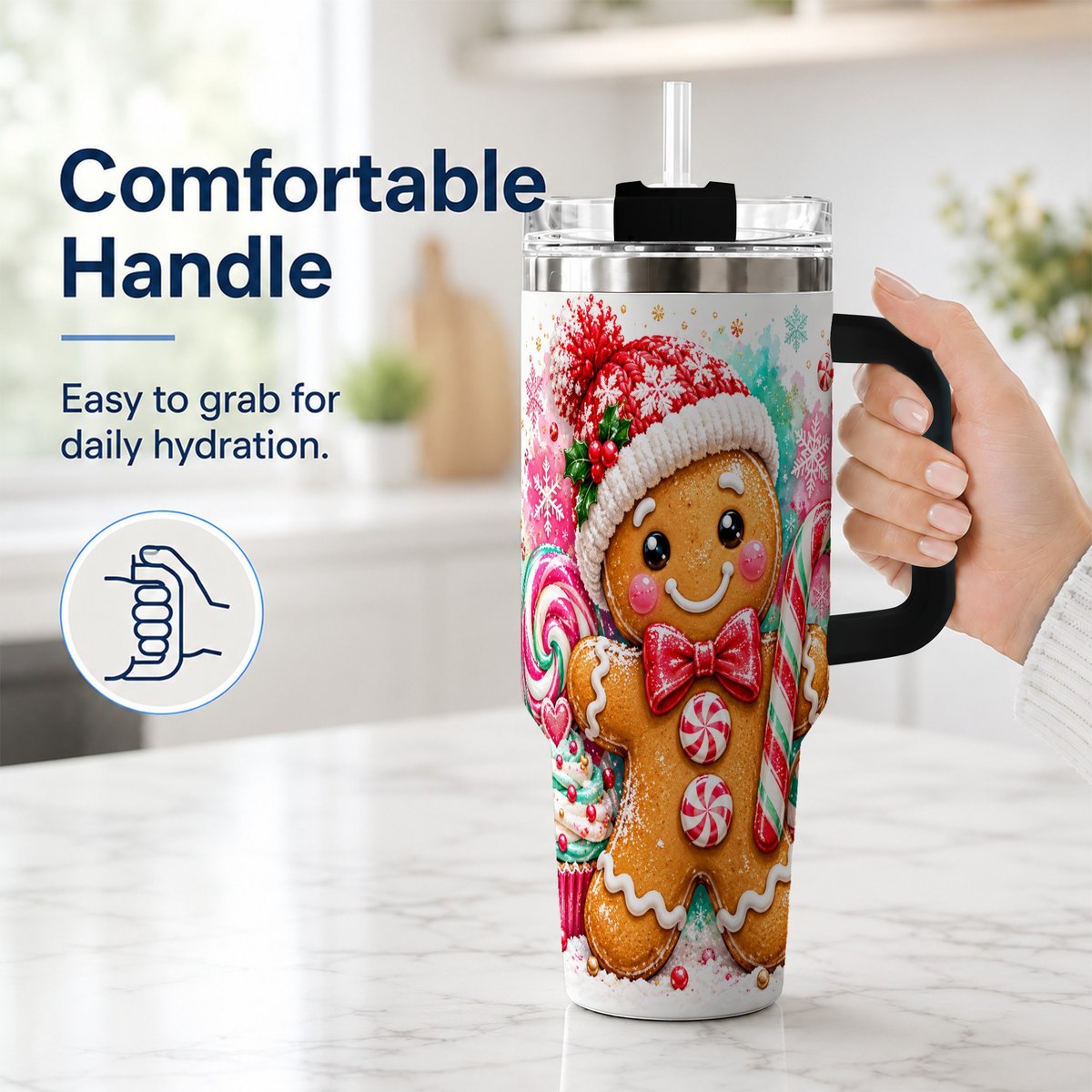 #pl[40oz|Black] Candy Cane Gingerbread 40oz Tumbler with Handle, Travel Cup for Women