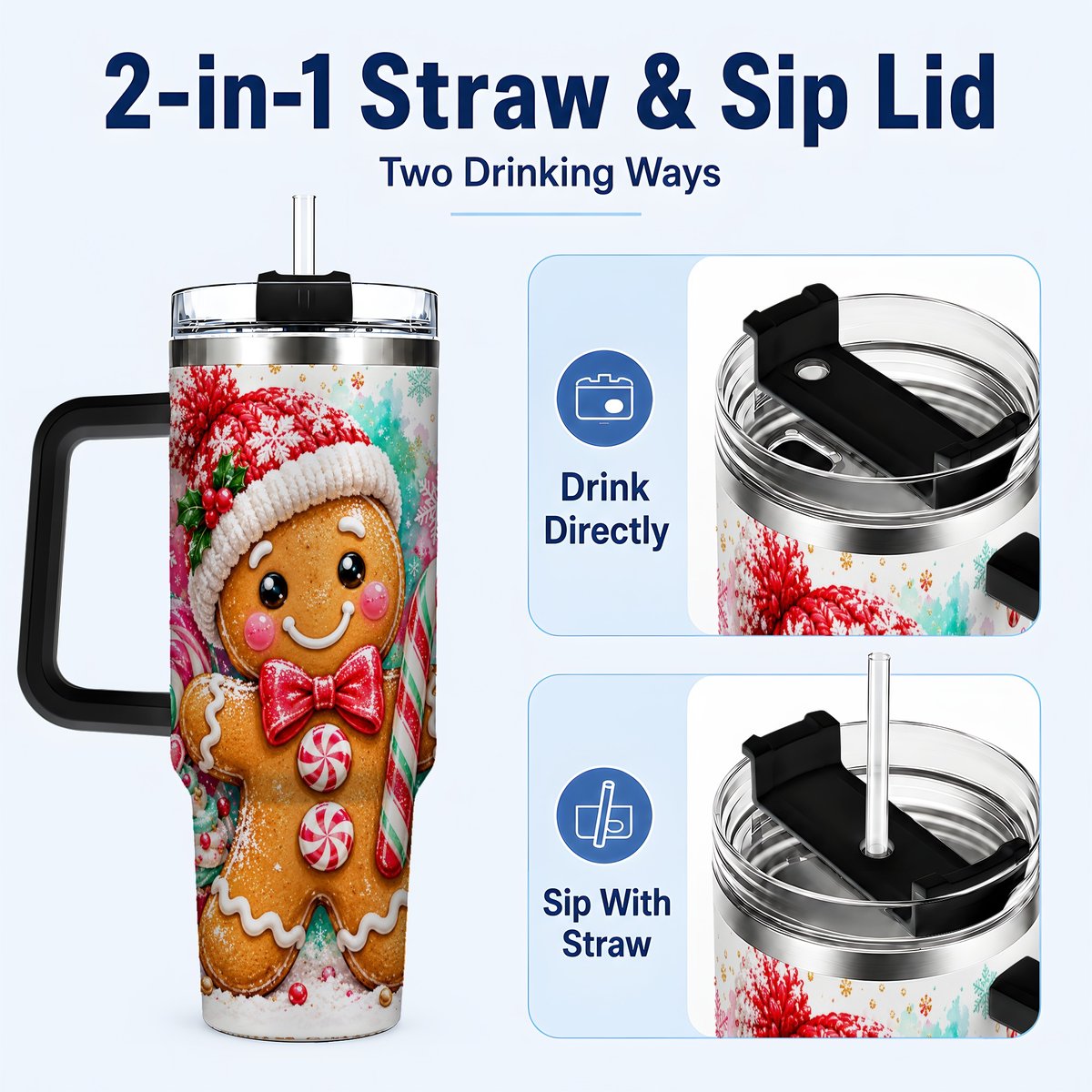 #pl[40oz|Black] Candy Cane Gingerbread 40oz Tumbler with Handle, Travel Cup for Women
