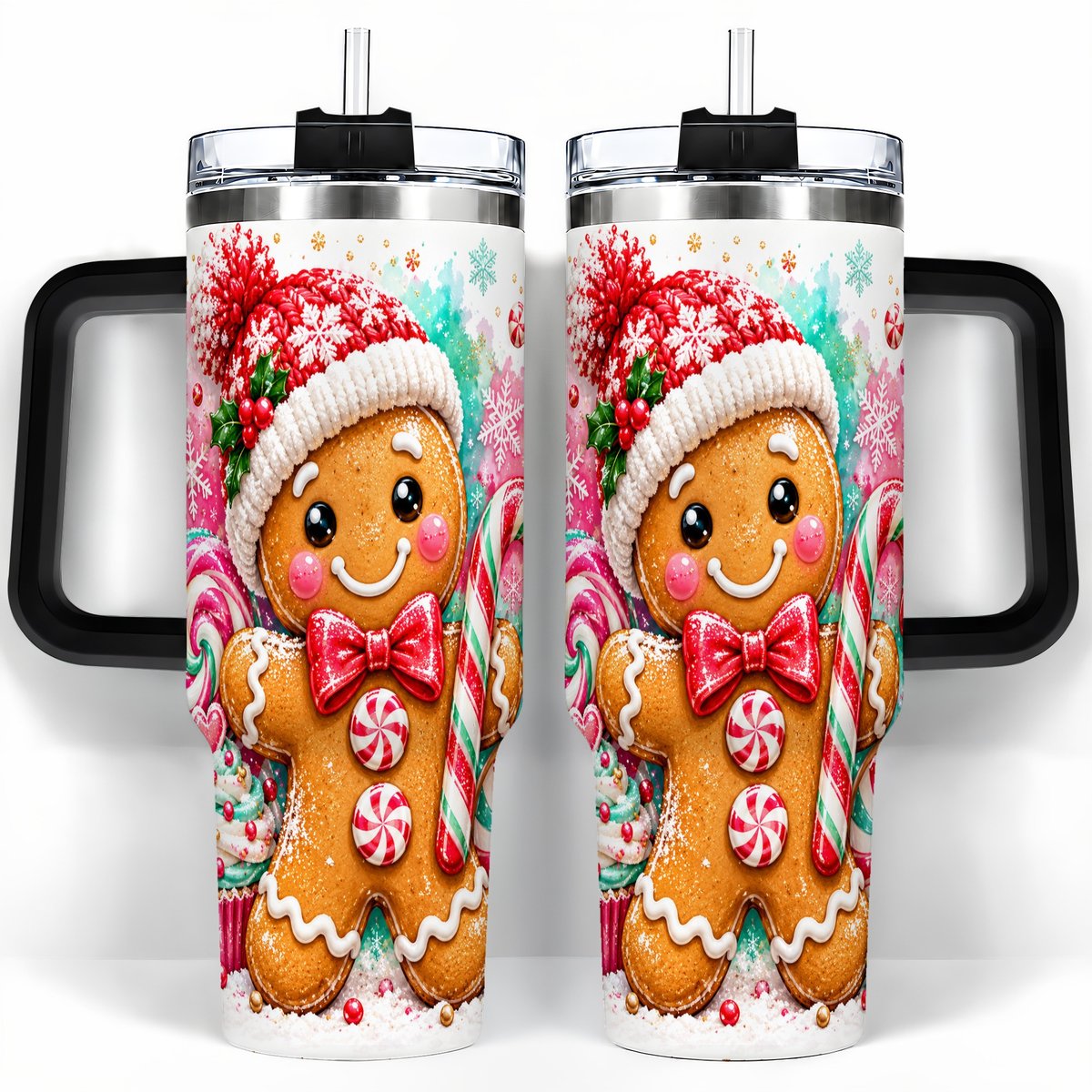 #pl[40oz|Black] Candy Cane Gingerbread 40oz Tumbler with Handle, Travel Cup for Women