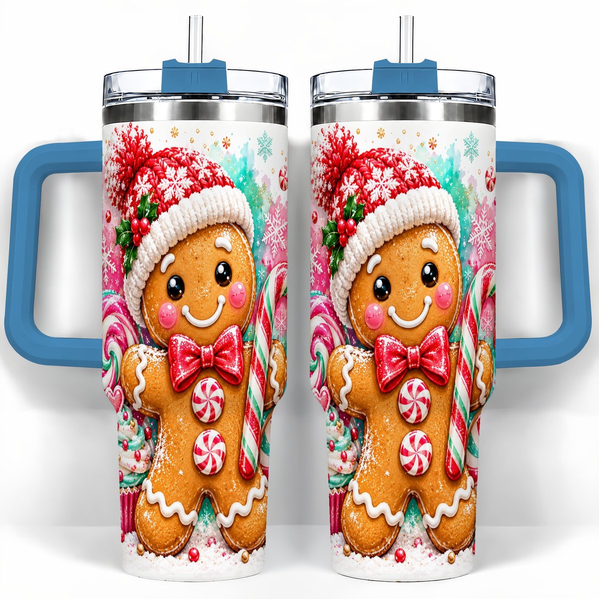 #pl[40oz|Blue] Candy Cane Gingerbread 40oz Tumbler with Handle, Travel Cup for Women