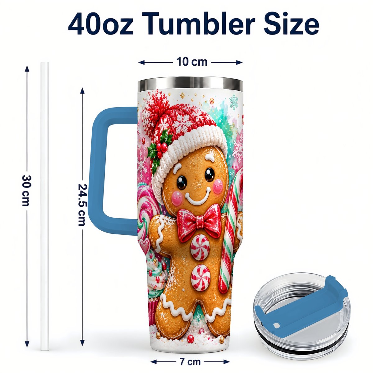 #pl[40oz|Blue] Candy Cane Gingerbread 40oz Tumbler with Handle, Travel Cup for Women