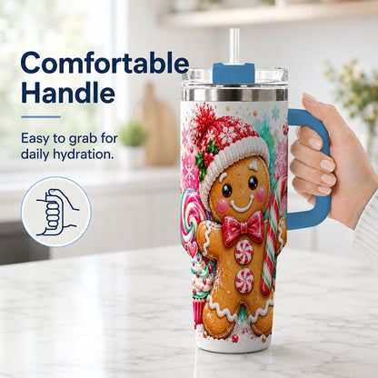 #pl[40oz|Blue] Candy Cane Gingerbread 40oz Tumbler with Handle, Travel Cup for Women