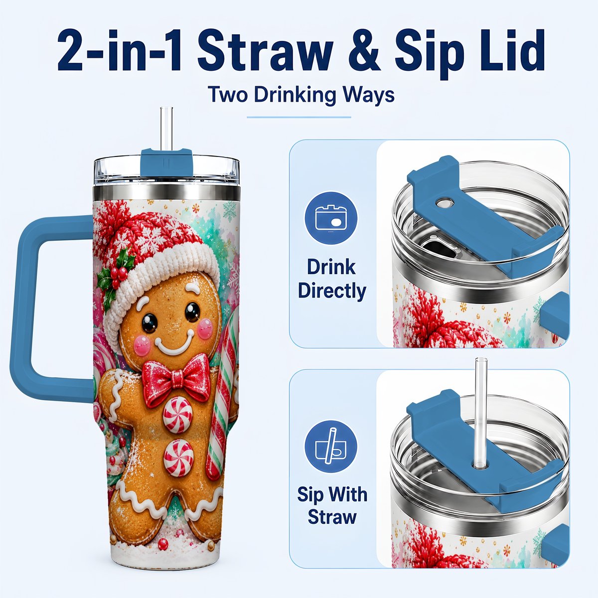 #pl[40oz|Blue] Candy Cane Gingerbread 40oz Tumbler with Handle, Travel Cup for Women