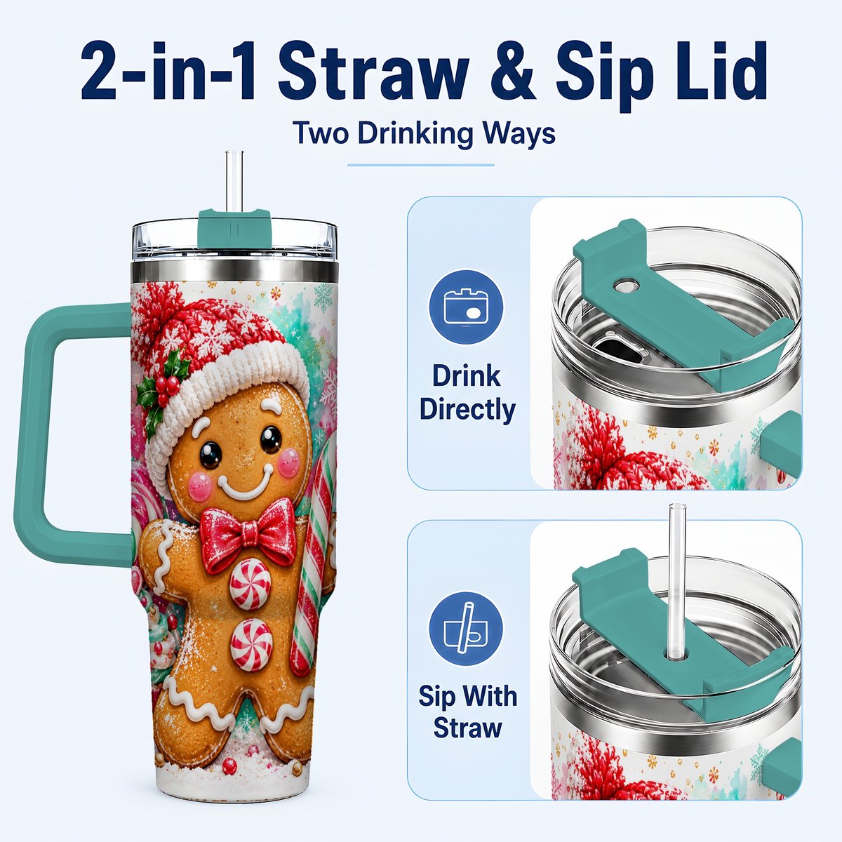 #pl[40oz|Green] Candy Cane Gingerbread 40oz Tumbler with Handle, Travel Cup for Women