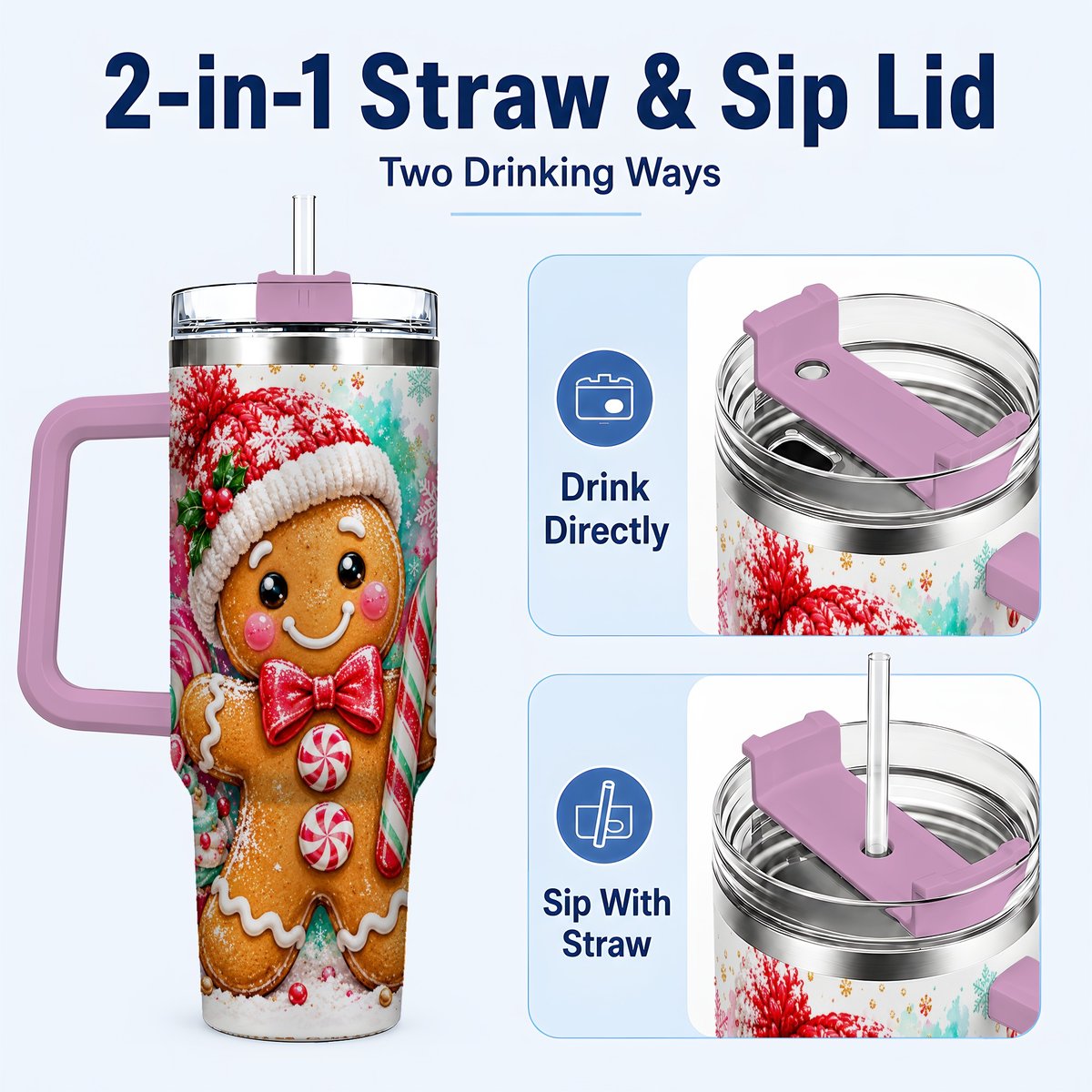 #pl[40oz|Pink] Candy Cane Gingerbread 40oz Tumbler with Handle, Travel Cup for Women