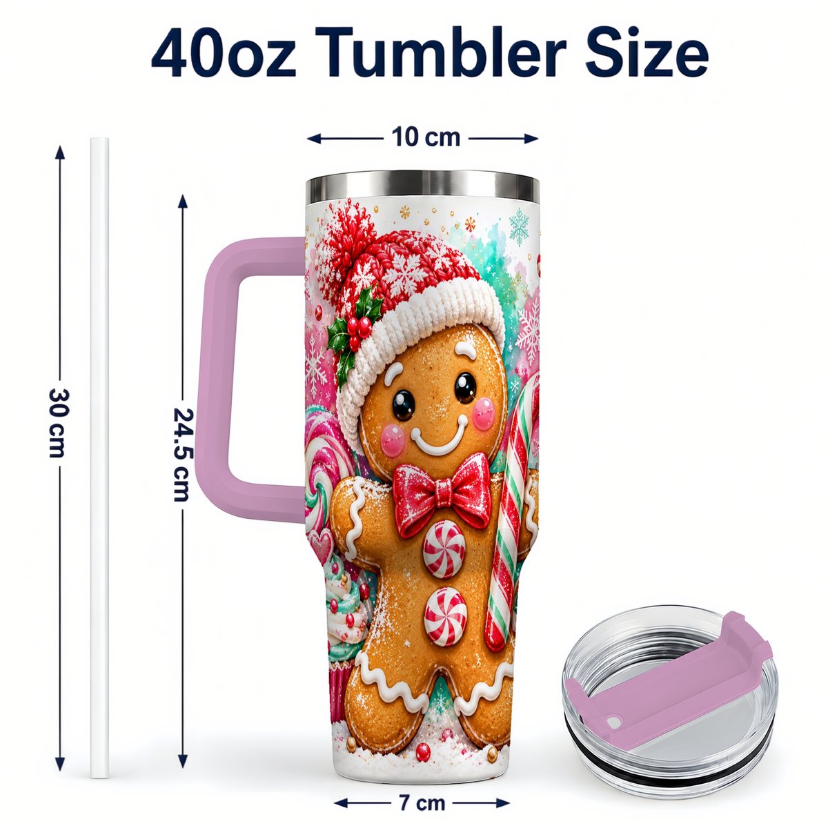 #pl[40oz|Pink] Candy Cane Gingerbread 40oz Tumbler with Handle, Travel Cup for Women