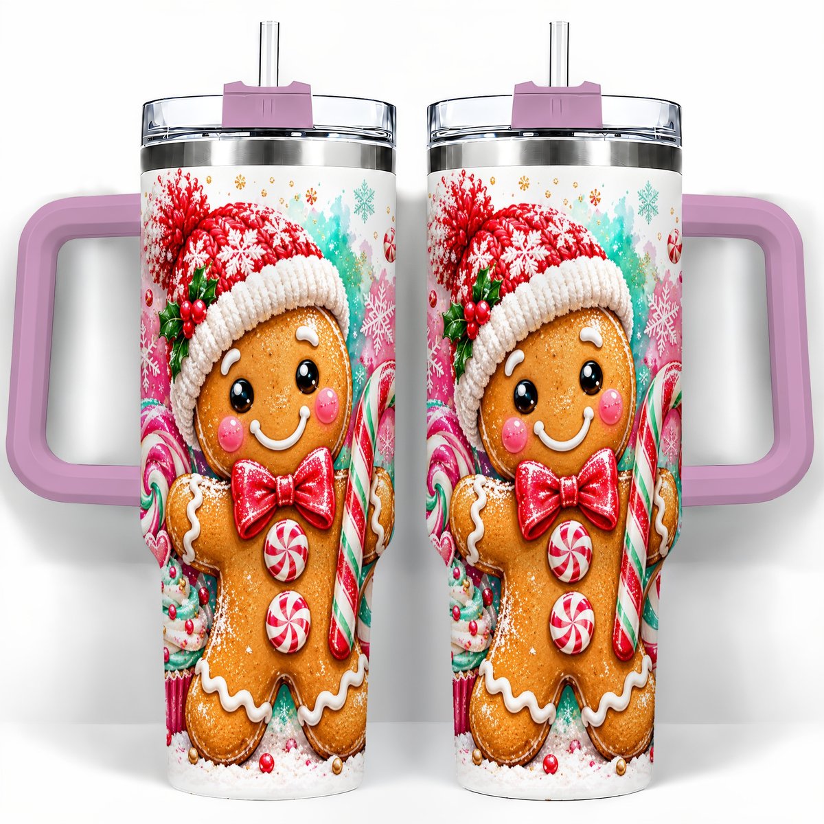 #pl[40oz|Pink] Candy Cane Gingerbread 40oz Tumbler with Handle, Travel Cup for Women