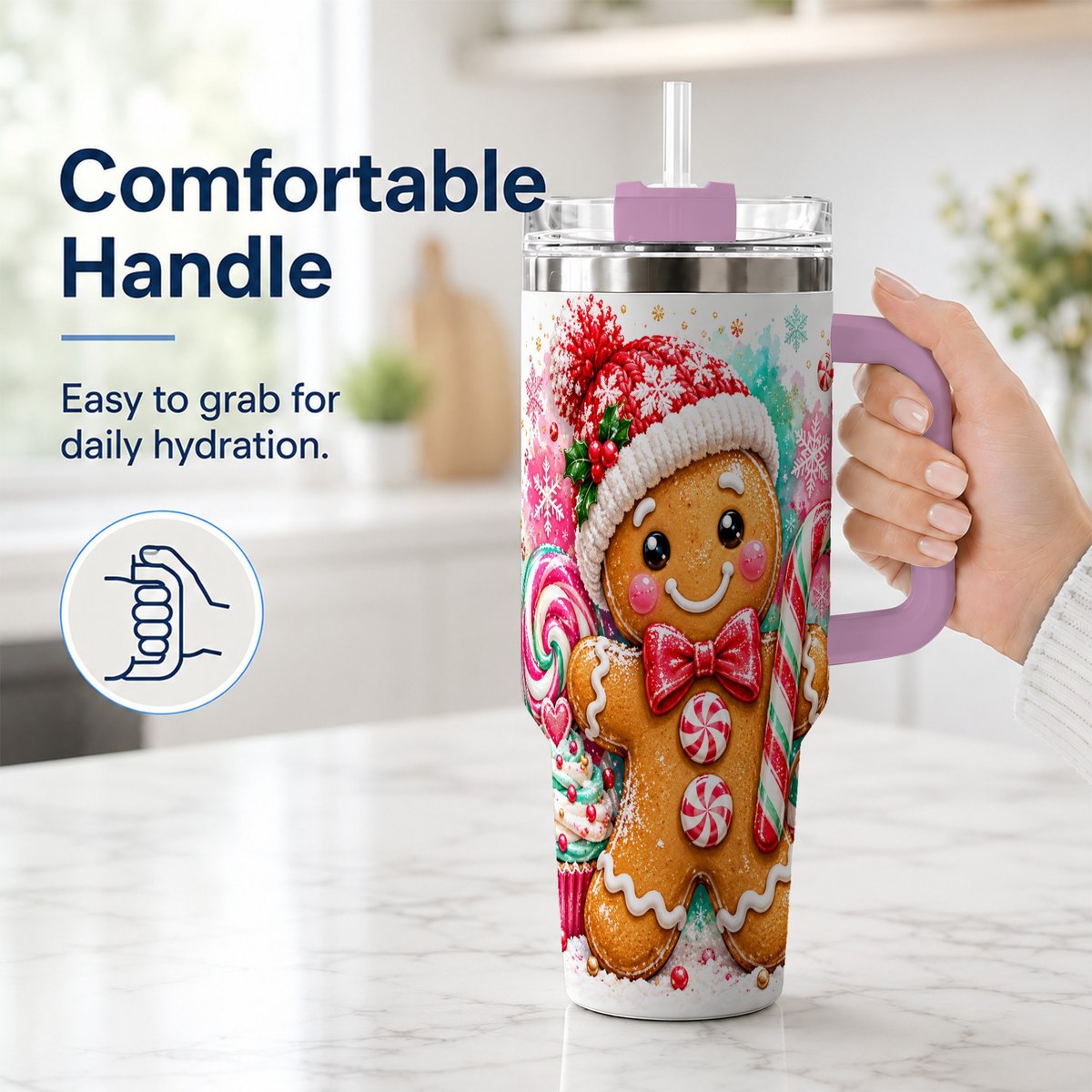 #pl[40oz|Pink] Candy Cane Gingerbread 40oz Tumbler with Handle, Travel Cup for Women