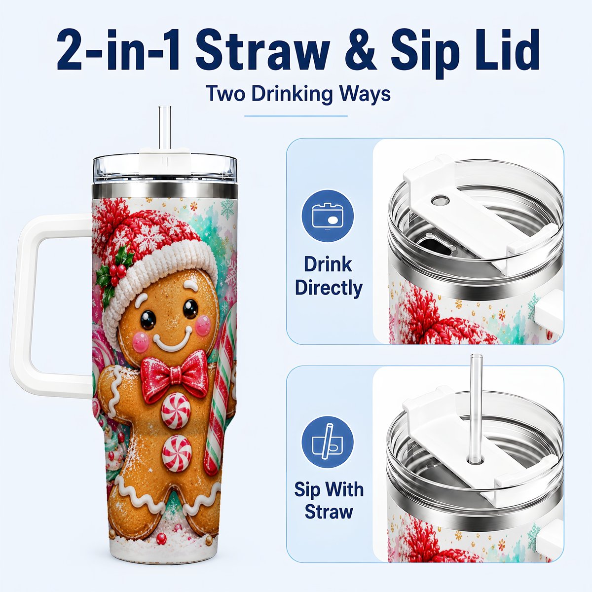 #pl[40oz|White] Candy Cane Gingerbread 40oz Tumbler with Handle, Travel Cup for Women