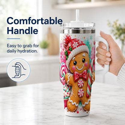 #pl[40oz|White] Candy Cane Gingerbread 40oz Tumbler with Handle, Travel Cup for Women