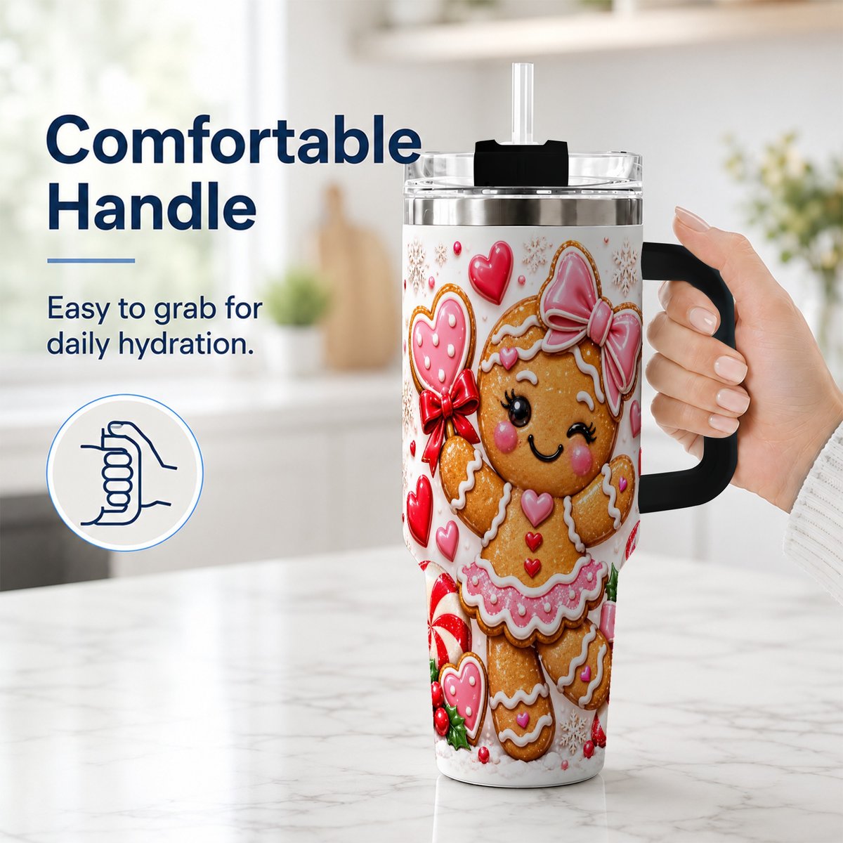 #pl[40oz|Black] Gingerbread Girl 40oz Tumbler with Handle, Christmas Cup for Women
