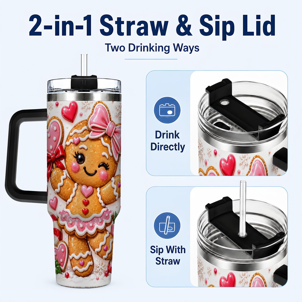 #pl[40oz|Black] Gingerbread Girl 40oz Tumbler with Handle, Christmas Cup for Women