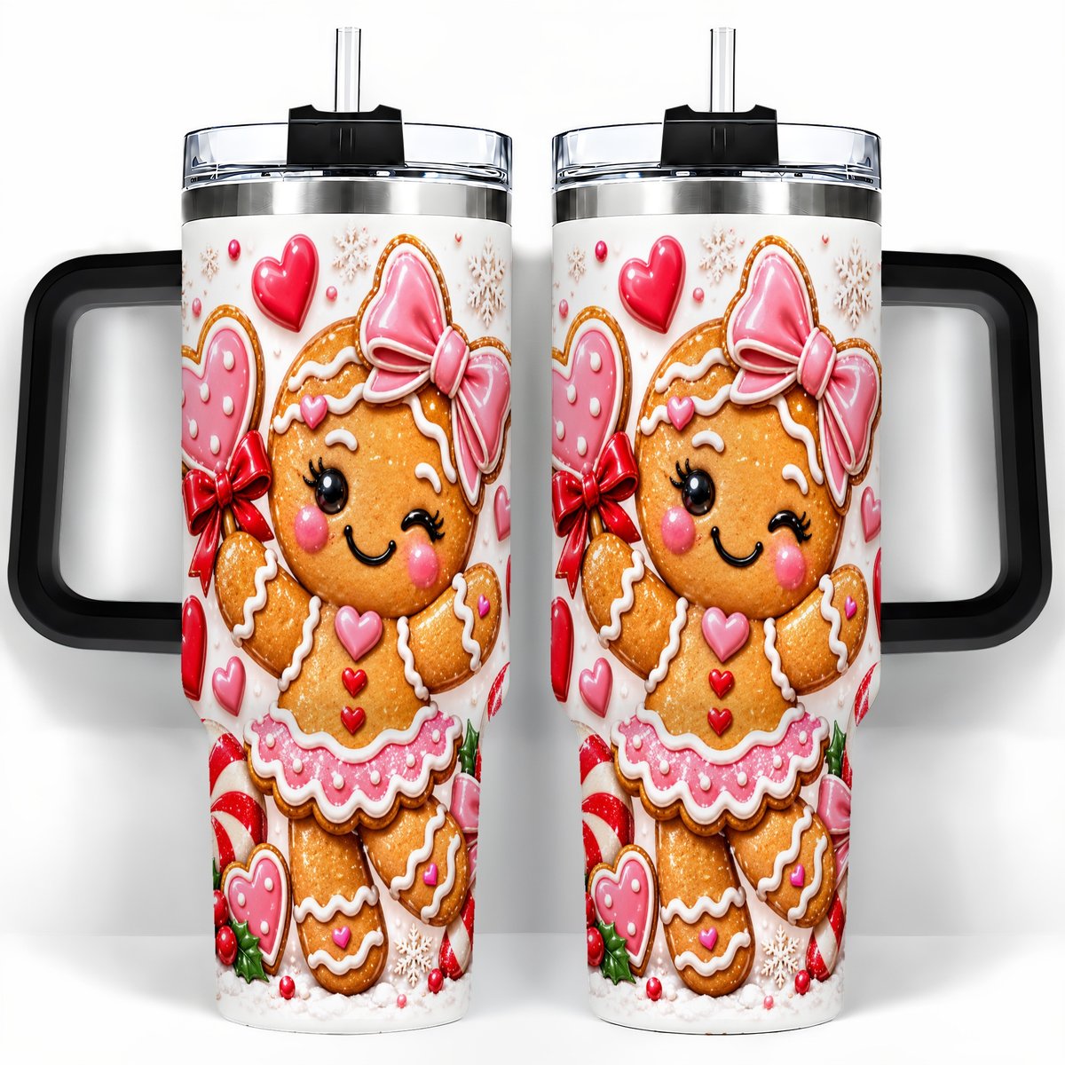 #pl[40oz|Black] Gingerbread Girl 40oz Tumbler with Handle, Christmas Cup for Women