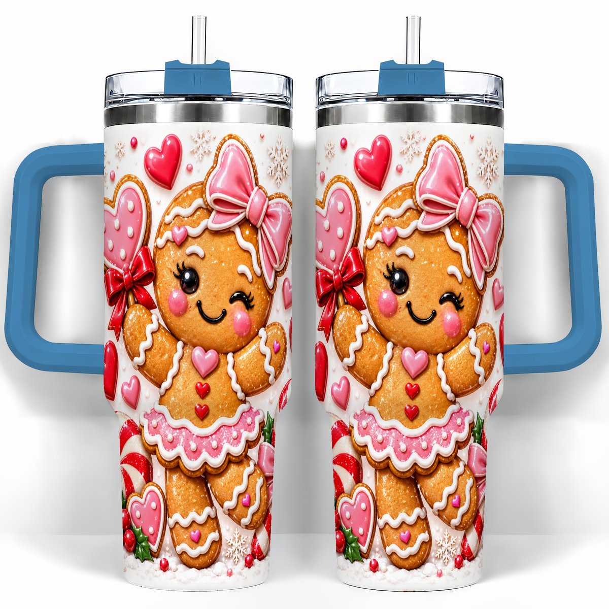 #pl[40oz|Blue] Gingerbread Girl 40oz Tumbler with Handle, Christmas Cup for Women