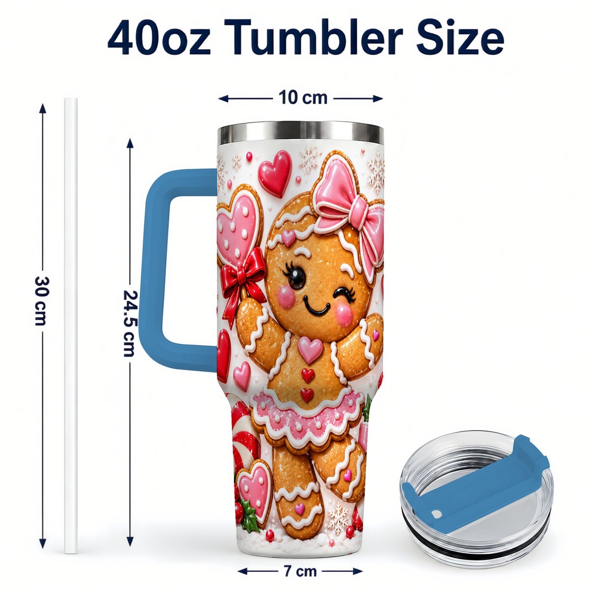 #pl[40oz|Blue] Gingerbread Girl 40oz Tumbler with Handle, Christmas Cup for Women