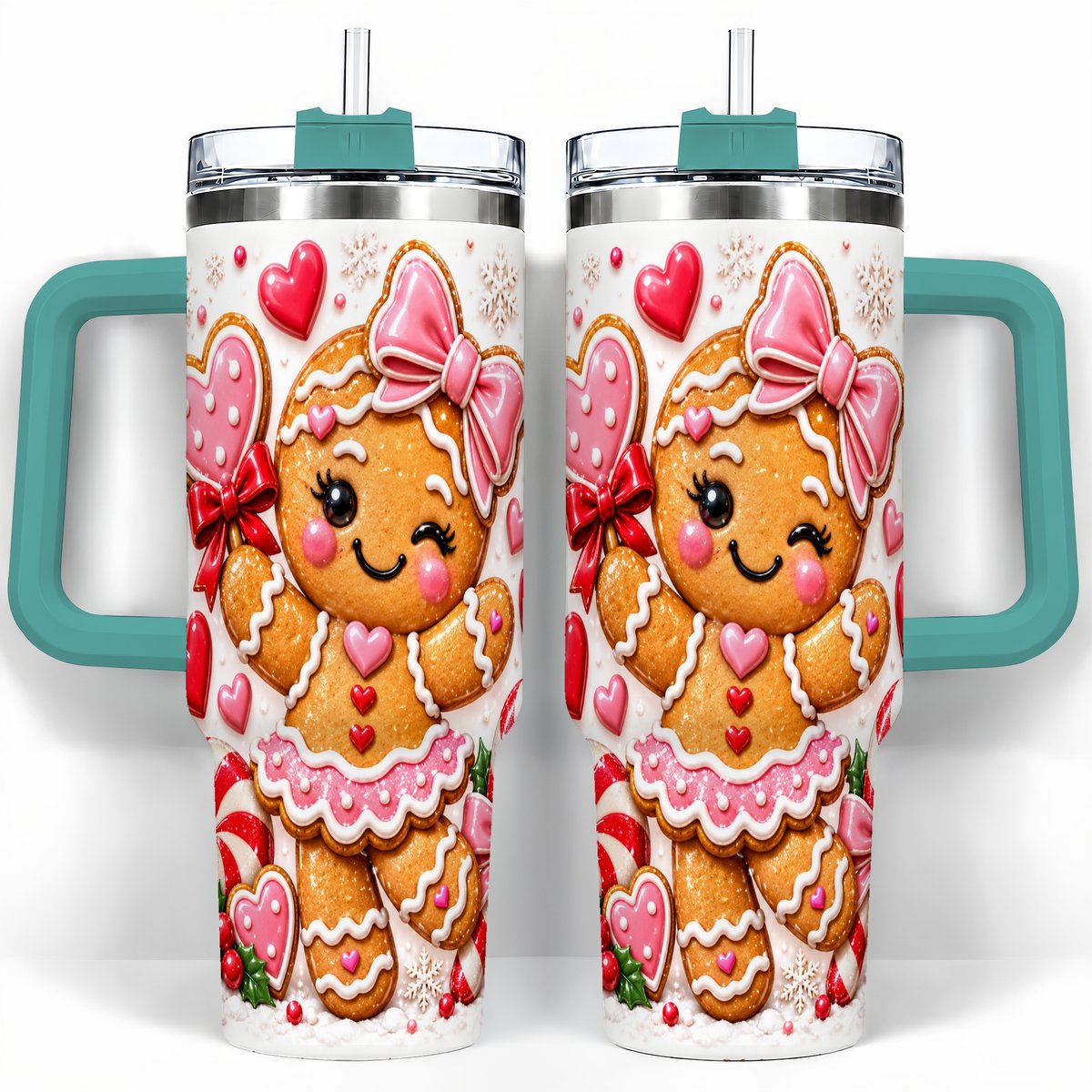 #pl[40oz|Green] Gingerbread Girl 40oz Tumbler with Handle, Christmas Cup for Women