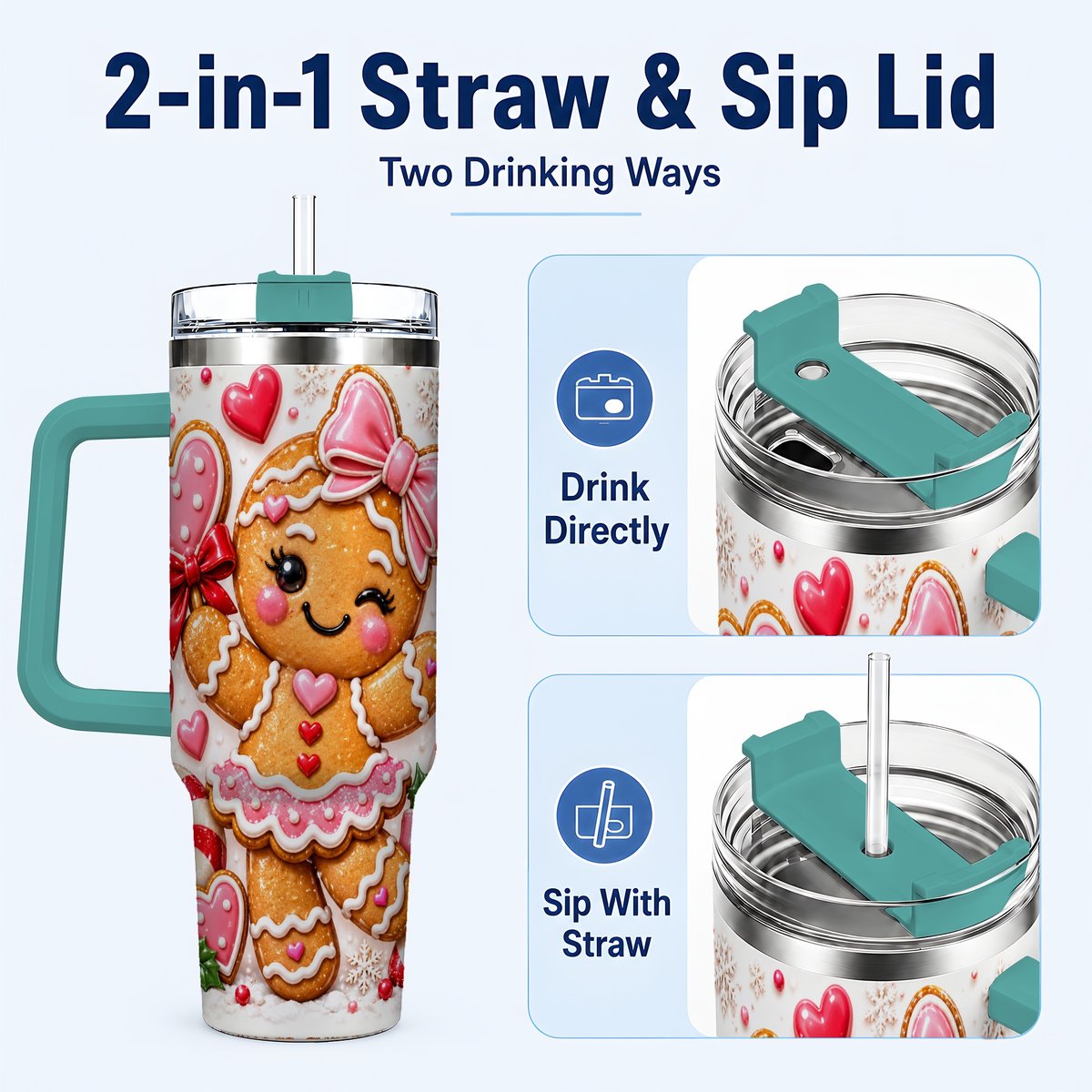 #pl[40oz|Green] Gingerbread Girl 40oz Tumbler with Handle, Christmas Cup for Women
