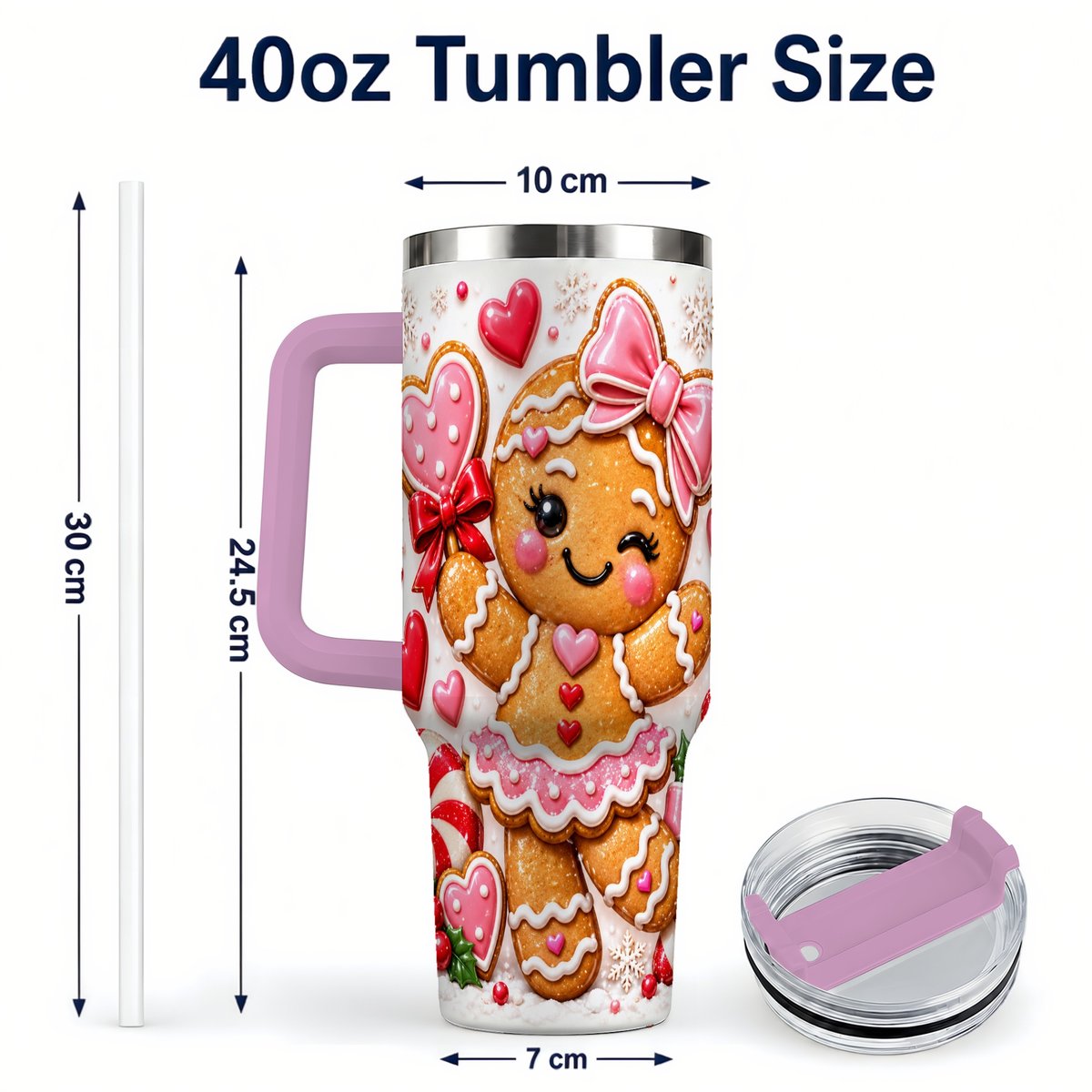 #pl[40oz|Pink] Gingerbread Girl 40oz Tumbler with Handle, Christmas Cup for Women