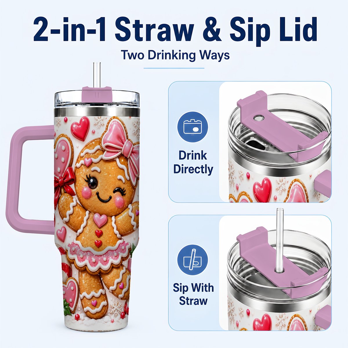 #pl[40oz|Pink] Gingerbread Girl 40oz Tumbler with Handle, Christmas Cup for Women