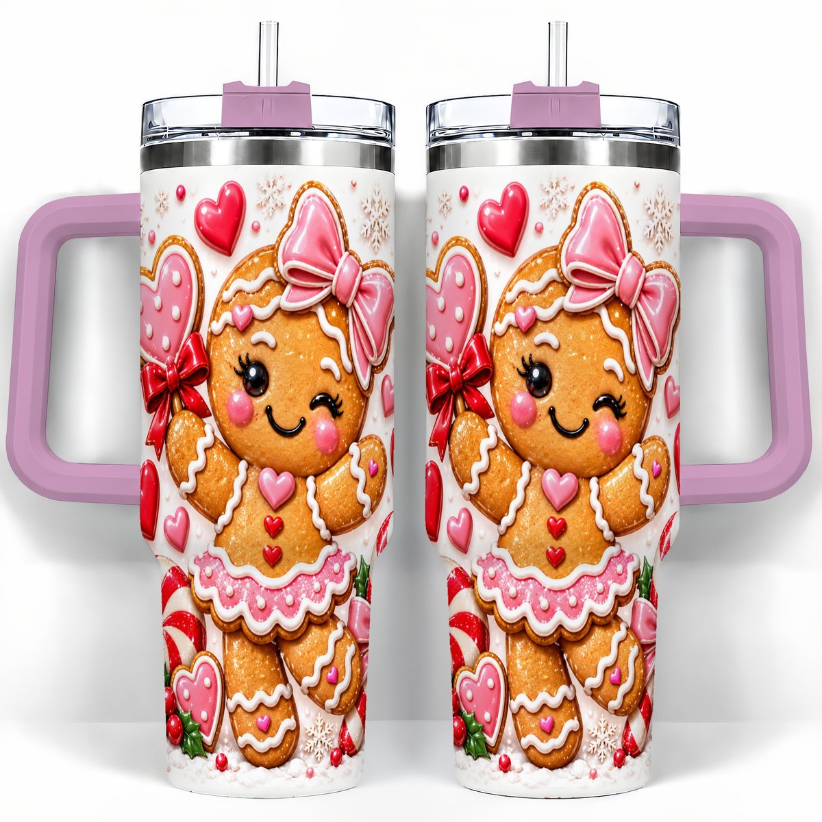 #pl[40oz|Pink] Gingerbread Girl 40oz Tumbler with Handle, Christmas Cup for Women