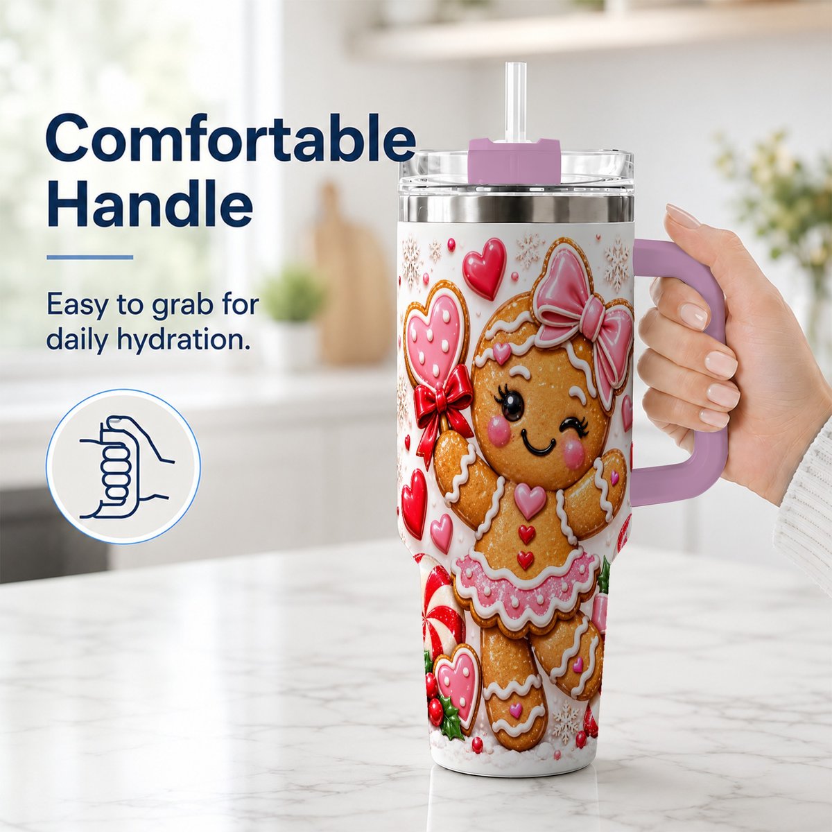 #pl[40oz|Pink] Gingerbread Girl 40oz Tumbler with Handle, Christmas Cup for Women