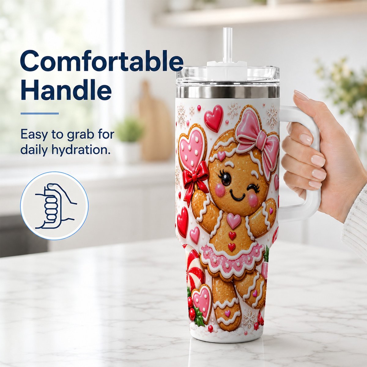 #pl[40oz|White] Gingerbread Girl 40oz Tumbler with Handle, Christmas Cup for Women