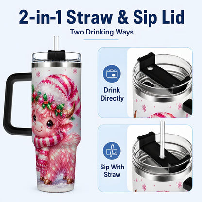 #pl[40oz|Black] Pink Highland Cow 40oz Tumbler with Handle, Holiday Cup for Women