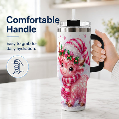 #pl[40oz|Black] Pink Highland Cow 40oz Tumbler with Handle, Holiday Cup for Women