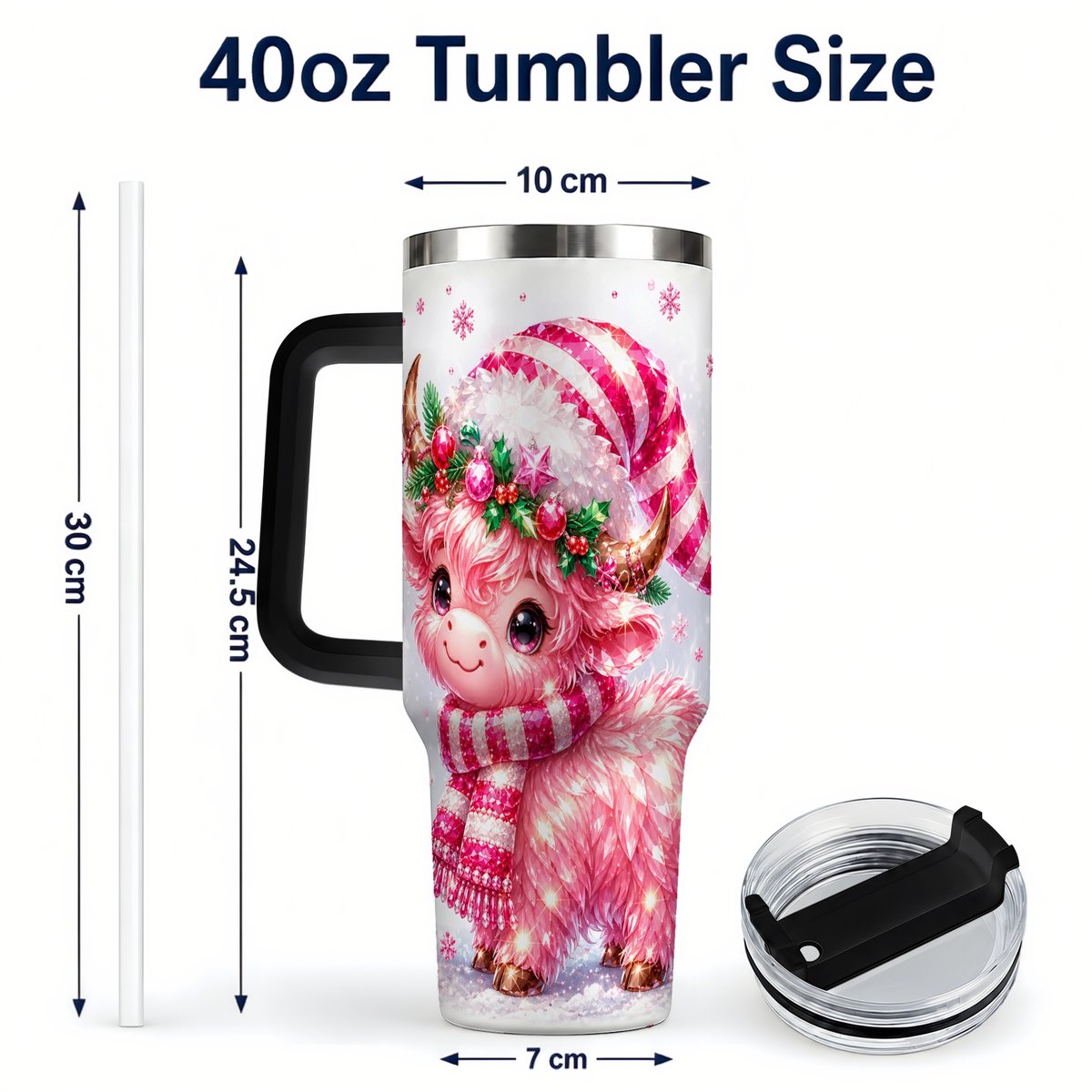 #pl[40oz|Black] Pink Highland Cow 40oz Tumbler with Handle, Holiday Cup for Women