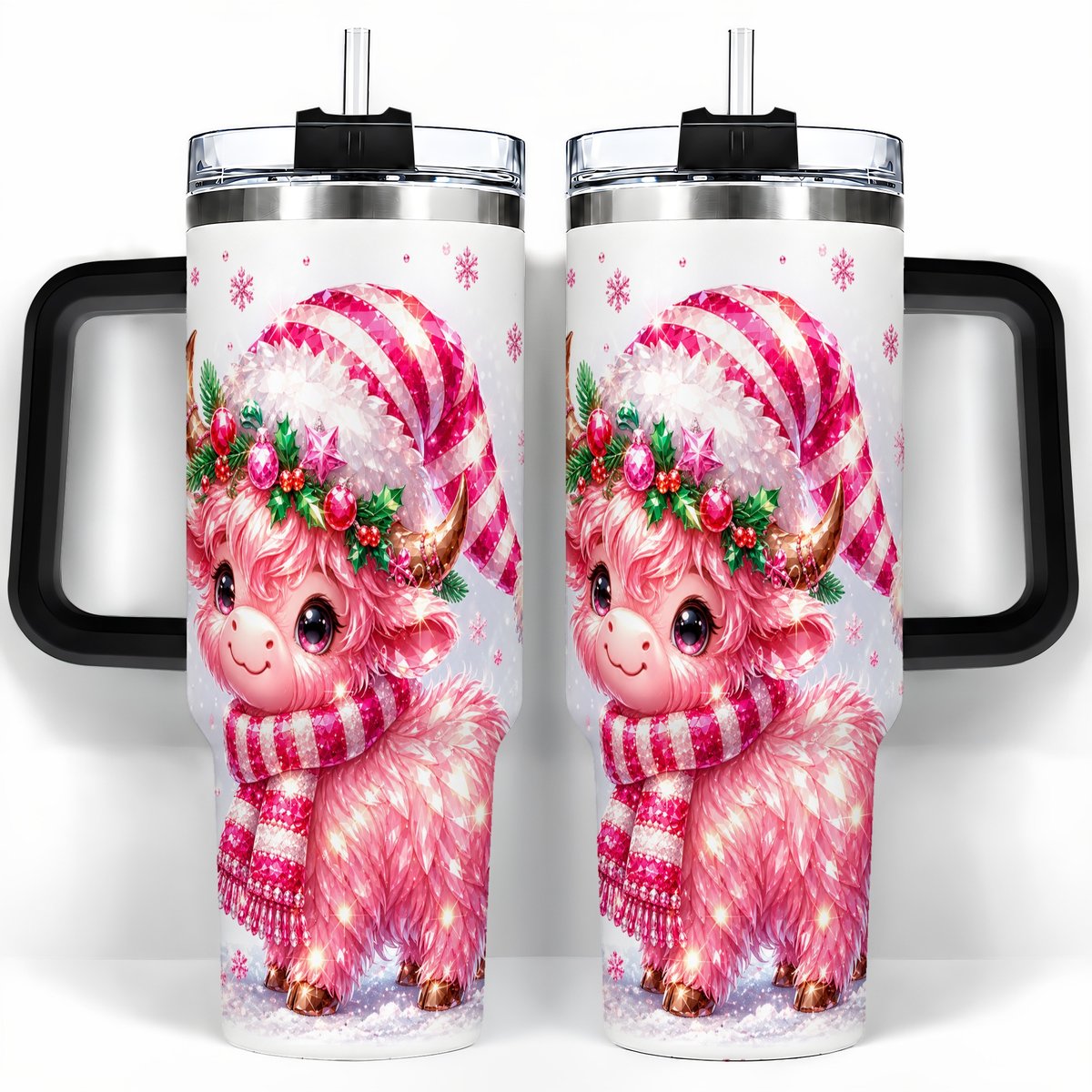 #pl[40oz|Black] Pink Highland Cow 40oz Tumbler with Handle, Holiday Cup for Women