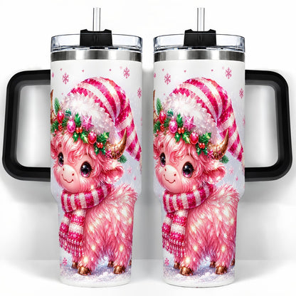 #pl[40oz|Black] Pink Highland Cow 40oz Tumbler with Handle, Holiday Cup for Women