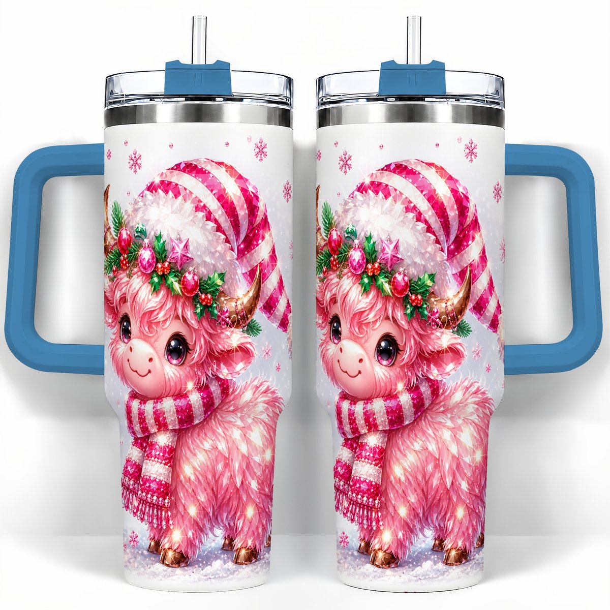 #pl[40oz|Blue] Pink Highland Cow 40oz Tumbler with Handle, Holiday Cup for Women