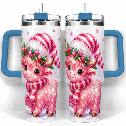 #pl[40oz|Blue] Pink Highland Cow 40oz Tumbler with Handle, Holiday Cup for Women