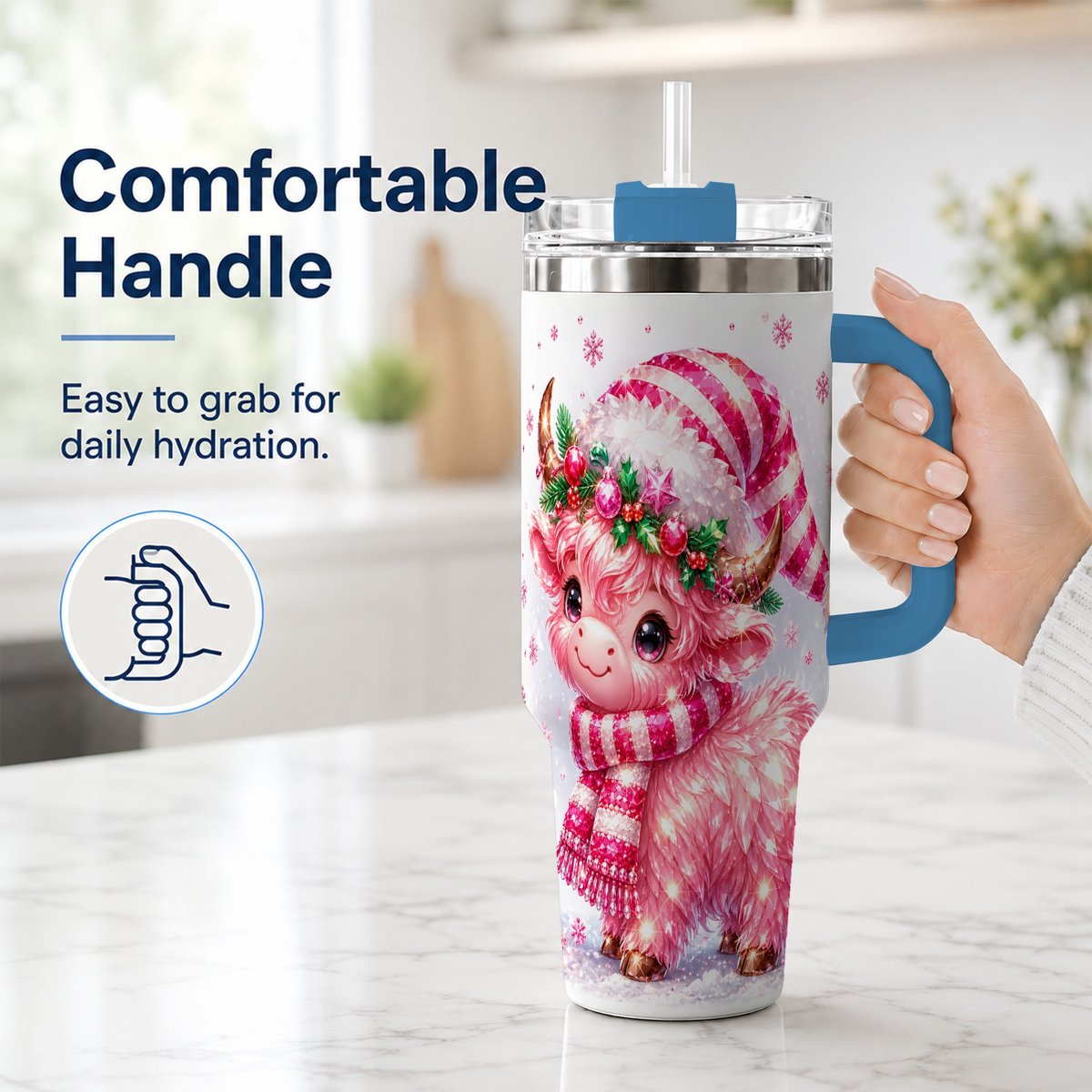 #pl[40oz|Blue] Pink Highland Cow 40oz Tumbler with Handle, Holiday Cup for Women