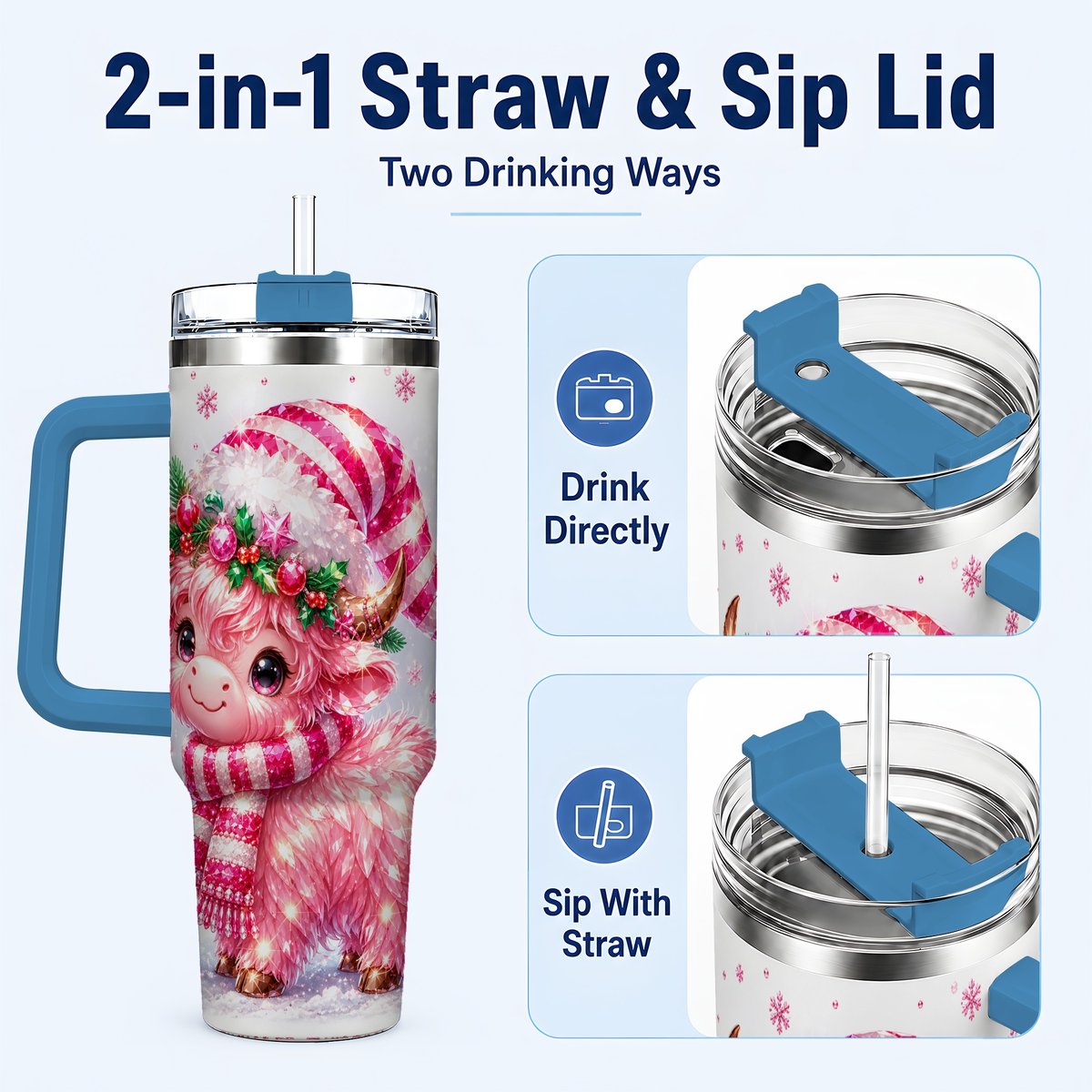 #pl[40oz|Blue] Pink Highland Cow 40oz Tumbler with Handle, Holiday Cup for Women