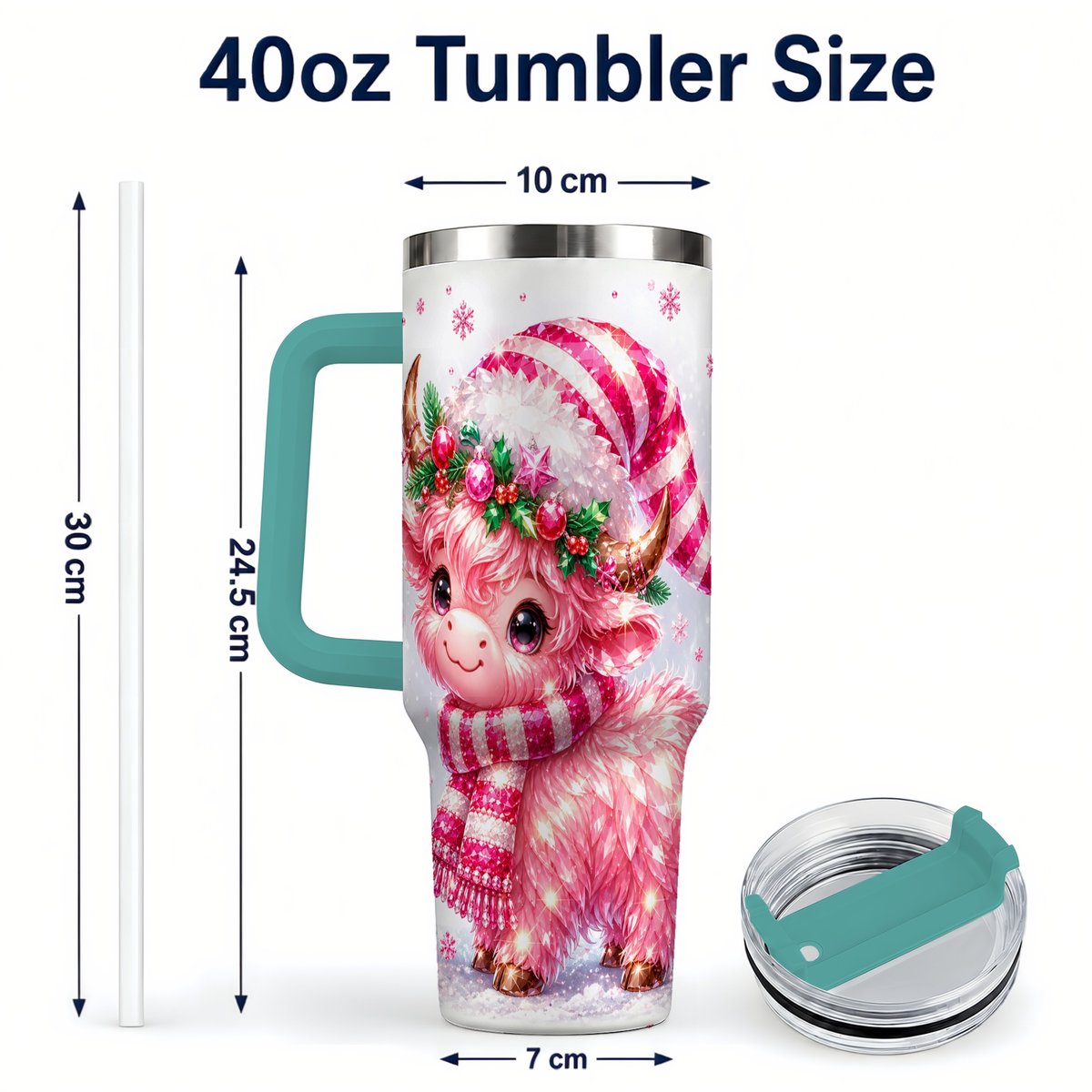 #pl[40oz|Green] Pink Highland Cow 40oz Tumbler with Handle, Holiday Cup for Women