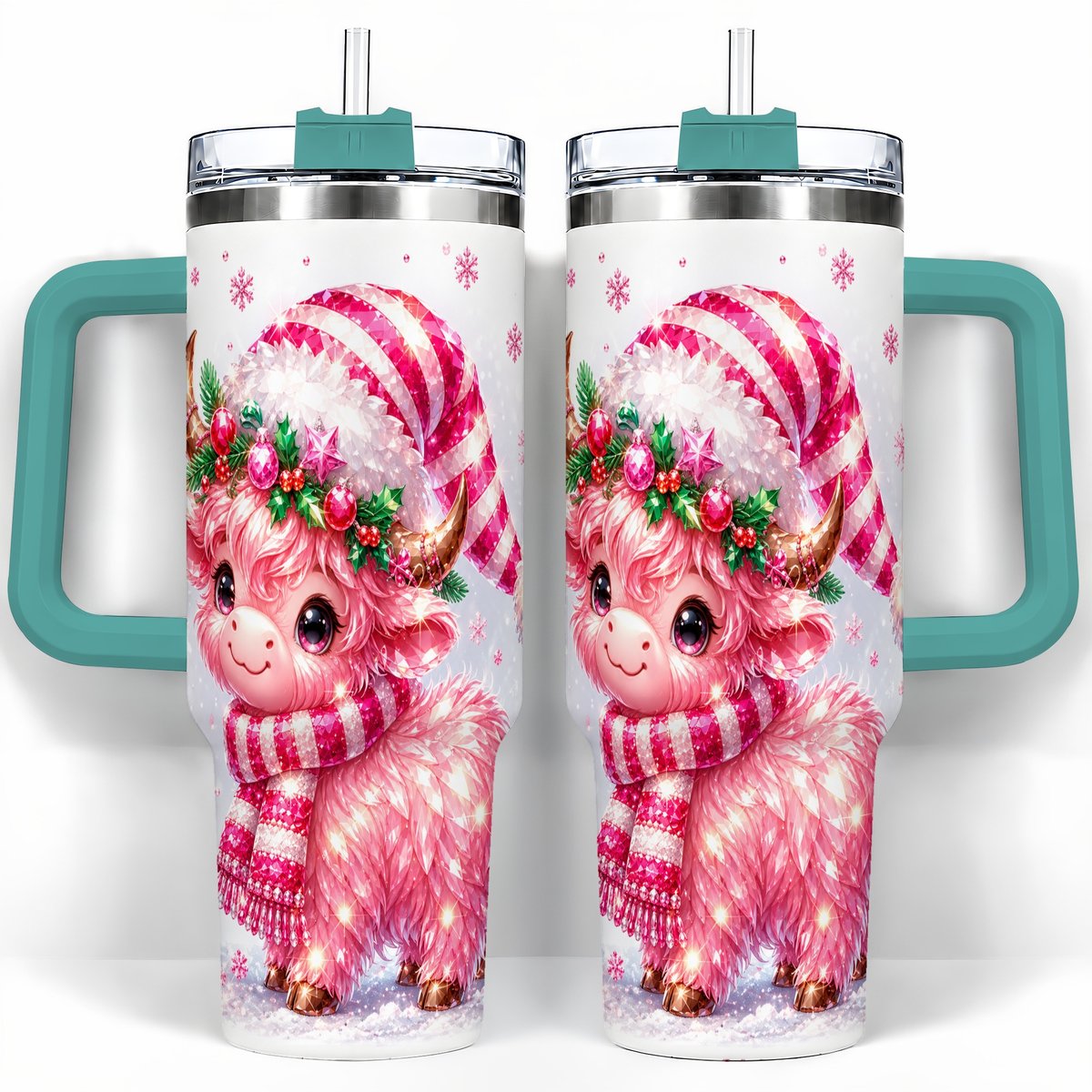#pl[40oz|Green] Pink Highland Cow 40oz Tumbler with Handle, Holiday Cup for Women