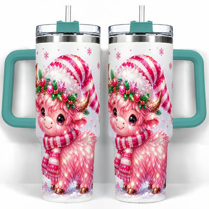 #pl[40oz|Green] Pink Highland Cow 40oz Tumbler with Handle, Holiday Cup for Women