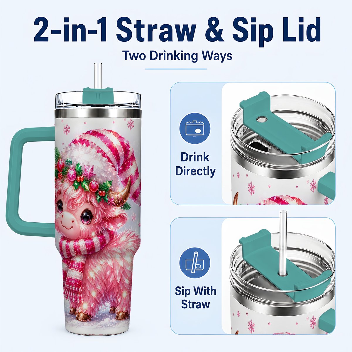 #pl[40oz|Green] Pink Highland Cow 40oz Tumbler with Handle, Holiday Cup for Women