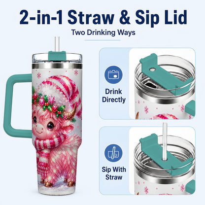 #pl[40oz|Green] Pink Highland Cow 40oz Tumbler with Handle, Holiday Cup for Women