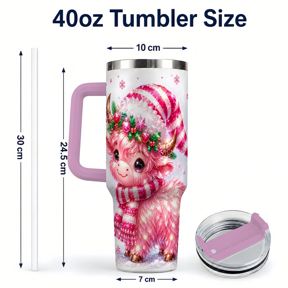 #pl[40oz|Pink] Pink Highland Cow 40oz Tumbler with Handle, Holiday Cup for Women